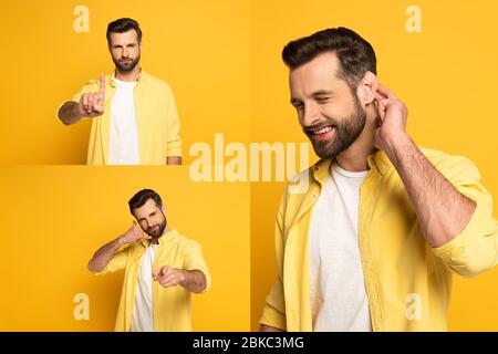 Collage of handsome man showing gestures in deaf and dumb language on yellow background Stock Photo