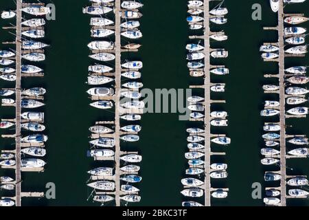 Largs, Scotland, UK. 4 May 2020. Aerial view of Largs Yacht Haven which is very busy with almost all berths being filled with yachts. Normally many yachts would be out sailing at this time of year but are now forced to remain at the harbour during the coronavirus lockdown. Iain Masterton/Alamy Live News