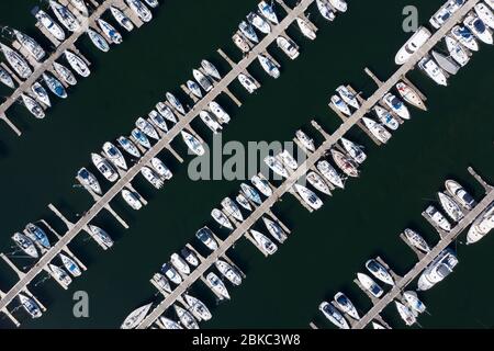 Largs, Scotland, UK. 4 May 2020. Aerial view of Largs Yacht Haven which is very busy with almost all berths being filled with yachts. Normally many yachts would be out sailing at this time of year but are now forced to remain at the harbour during the coronavirus lockdown. Iain Masterton/Alamy Live News