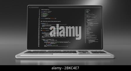Programming code, software, developing coding technologies concept. Code on a computer laptop screen, black background, closeup front view. 3d illustr Stock Photo