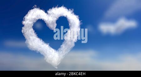 Valentine day template. Heart shape cloud on blue sky background. Love is in the air. Realistic white smoke plane trail. 3d illustration Stock Photo