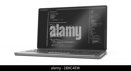 Programming code, software, developing coding technologies concept. Code on a computer laptop screen isolated against white background, closeup view. Stock Photo