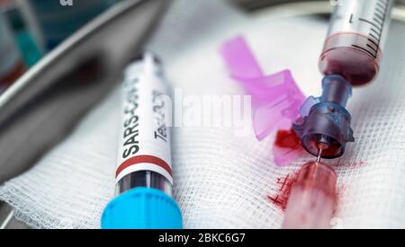 blood syringe with covid-19 vial, conceptual idea Stock Photo