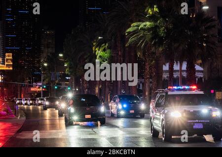 President Donald J. Trump’s motorcade drives along the Las Vegas strip Wednesday evening, Feb 19, 2020, returning to his hotel after an event in Phoenix, Arizona. President Trump in Nevada Stock Photo