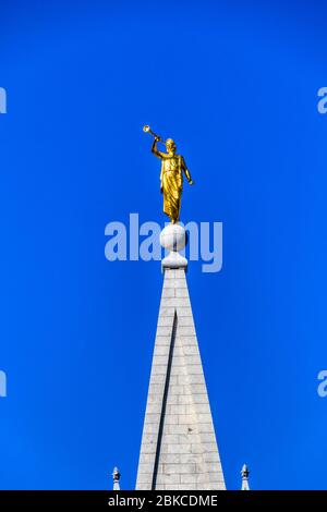 The Salt Lake Temple, dedicated in 1893, was the first temple topped with an angel that was formally identified as Moroni. The original 40-inch plaste Stock Photo