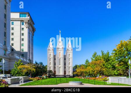 Salt Lake City LDS Temple in Temple Square. This temple took 40 years to build in the 1800s by the Church of Jesus Christ of the Latter-Day Saints. Stock Photo