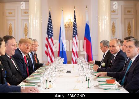 President Donald J. Trump and President Vladimir Putin of the Russian Federation hold a working lunch | July 16, 2018 President Trump & the First Lady's Trip to Europe Stock Photo