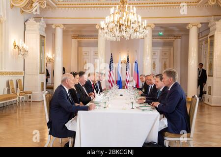 President Donald J. Trump and President Vladimir Putin of the Russian Federation hold a working lunch | July 16, 2018 President Trump & the First Lady's Trip to Europe Stock Photo