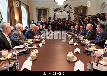 President Donald Trump and Iraqi Prime Minister Haider al-Abadi participate in a bilateral meeting, Monday, March 20, 2017, in the Cabinet Room of the White House in Washington, D.C. Foreign Leader Visits Stock Photo