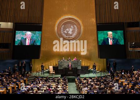 President Donald J. Trump addresses the 73rd session of the U.N. General Assembly Tuesday, Sept. 25, 2018, at the United Nations Headquarters in New York. The United Nations General Assembly Stock Photo