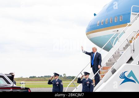 President Donald J. Trump waves as he disembarks Air Force One at Philadelphia International Airport in Philadelphia Tuesday, Oct. 2, 2018, and is greeted by guests and supporters. President Donald J. Trump arrives into Philadelphia, PA Stock Photo