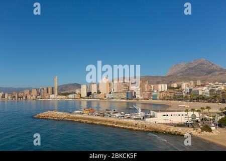 Benidorm view to Cala del mal pas beach and the boat jetty from the viewpoint in old town Costa Blanca Spain Stock Photo