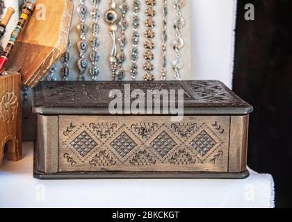 Bosnia and Herzegovina, Mostar - June 2018: Carved wooden on sale in a local tourist bazaar Stock Photo