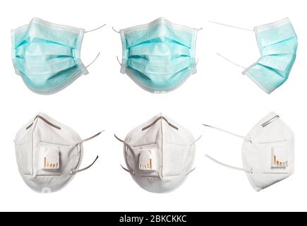 Set of green medical and surgical masks that protect against viruses in a pandemic isolated on a white background. Collection of cut mask at different Stock Photo