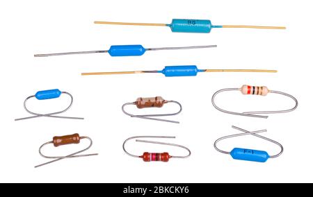 Set of carbon, metallized or power electric resistors. Group of various passive two terminal precise electrotechnical components. Electric resistance. Stock Photo