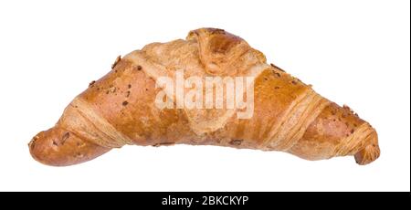 Close-up of tasty crispy butter croissant isolated on white background. One baked roll from layered yeast leavened dough sprinkled with grated cheese. Stock Photo