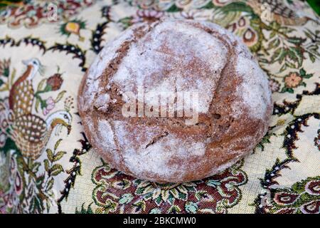 A freshly baked homemade loaf of rye & whole wheat sourdough bread view from above made during Covid 19 Coronavirus outbreak pandemic UK KATHY DEWITT Stock Photo