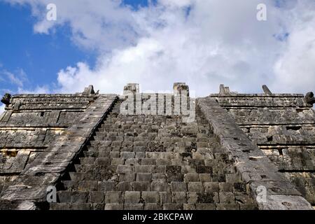 View of the stairs of one of the pyramids of the Chichen Itza archaeological site. Stock Photo