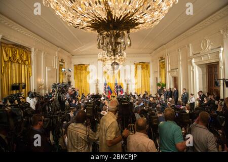 President Donald Trump and Colombian President Juan Manuel Santos participate in a joint press conference in the East Room of the White House, Thursday, May 18, 2017, in Washington, D.C. Foreign Leader Visits Stock Photo