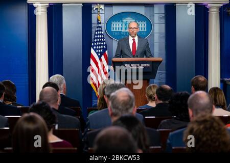 Acting Director of the Office of Management and Budget Russell Vought addresses his remarks at a press briefing Monday, March 11, 2019, in the James S. Brady Press Briefing Room of the White House. White House Press Briefing Stock Photo