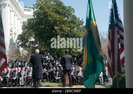 President Donald J. Trump participates in a joint press conference with Brazilian President Jair Bolsonaro Tuesday, March 19, 2019, in the Rose Garden of the White House. President Trump Welcomes the President of the Federative Republic of Brazil to the White House Stock Photo