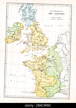 This map shows the dominions of the Angevins in Britain. The Angevins were a royal house of French origin that ruled England in the 12th and early 13th centuries; its monarchs were Henry II, Richard I, and John. Stock Photo