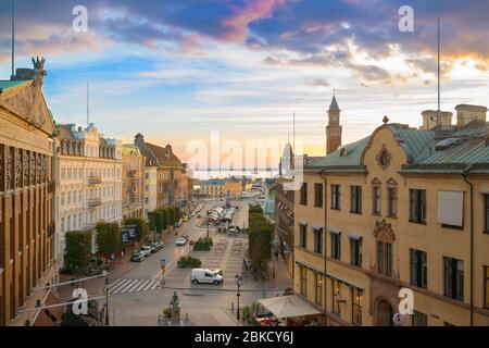 Helsingborg / Sweden -  View from Terrace Stairs, Konsul Trapps plats, Stortorget, Port of Helsingborg and The clock tower, City Hall - Rad Stock Photo