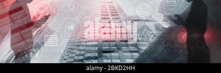 Composite image of various icons on an abstract background of a city and silhouettes of people. Stock Photo