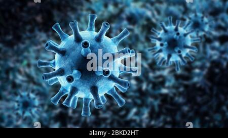 Coronavirus germs in cell, microscopic view of SARS-CoV-2 corona virus inside organism, 3d rendering. Concept of global coronavirus outbreak, medical Stock Photo