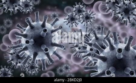 SARS-CoV-2 coronavirus in cell, 3d illustration, microscopic view of corona or influenza viruses inside organism. Concept of COVID-19 pandemic, scienc Stock Photo