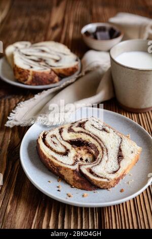 Delicious slices of traditional homemade chocolate Babka bread Stock Photo