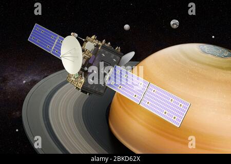 Space probe orbiting Saturn, 3D rendering Stock Photo