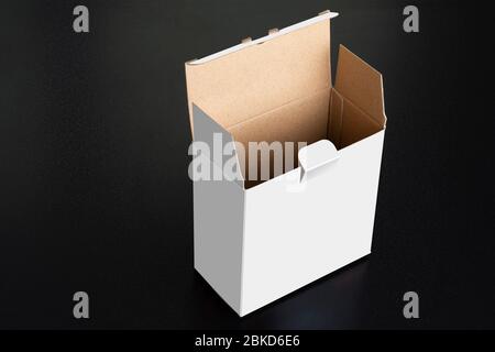 Cubical white box with open door on black background, Psd smart object layers mock up template Stock Photo