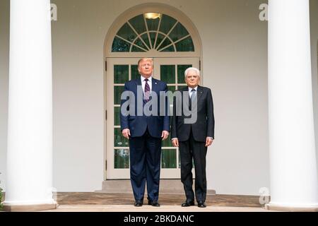 President Donald J. Trump stands with Italian President Sergio Mattarella Wednesday, Oct. 16, 2019, along the West Wing Colonnade at the Rose Garden steps at the White House. President Trump Meets With the President of the Italian Republic Stock Photo