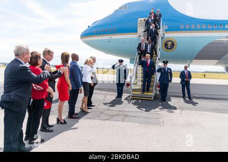 President Donald J. Trump disembarks Air Force One at Columbia Metropolitan Airport in Columbia, S.C. Friday, Oct. 25, 2019, and is greeted by South Carolina Gov. Henry McMaster and his wife Peggy McMaster, U.S. Senator Tim Scott-S.C., South Carolina Lt. Gov. Pamela Evette and her husband David Evette. President Trump Arrives in SC Stock Photo