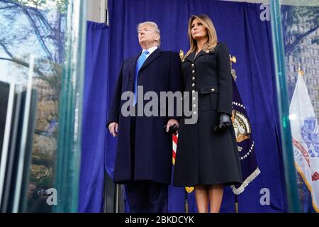 President Donald J. Trump and First Lady Melania Trump participate in a wreath laying at Veteran’s Day remembrance ceremonies Monday, Nov. 11, 2019, at Madison Square Park in New York City. President Trump and the First Lady Attend the NYC Veterans Day Parade Stock Photo