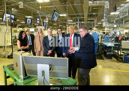 President Donald J. Trump, joined by Secretary of the Treasury Steven Mnuchin and Advisor to the President Ivanka Trump, tours the Apple Manufacturing Plant with Apple CEO Tim Cook Wednesday, Nov. 20, 2019, at Flextronics International LTD-Austin Product Introduction Center. President Trump Tours the Apple Manufacturing Plant Stock Photo