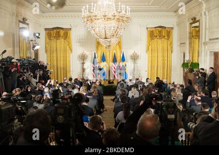 President Donald J. Trump and Swedish Prime Minister Stefan Löfven participate in a joint press conference in the East Room at the White House, Tuesday, March 6, 2018, in Washington, D.C. Photo of the Day: March 7, 2018 Stock Photo