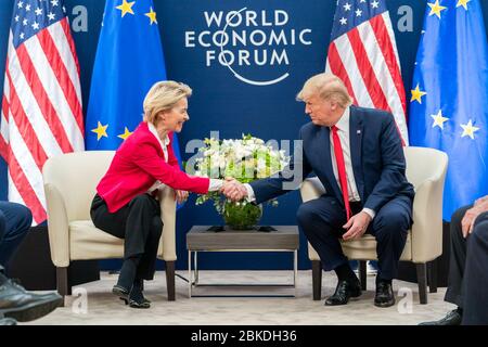 On January 21, 2020, President Donald Trump met with Ursula von der Leyen, President of the European Commission, during the 50th Annual World Economic Forum in Davos, Switzerland. Stock Photo