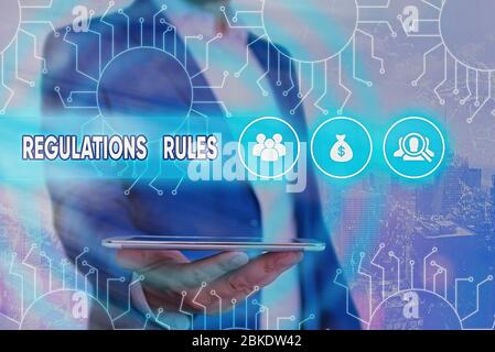 Conceptual hand writing showing Regulations Rules. Concept meaning Standard Statement Procedure govern to control a conduct Stock Photo