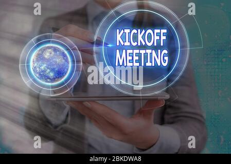 Conceptual hand writing showing Kickoff Meeting. Business photo text  Special discussion on the legalities involved in the project Young long  hair woman holding blank square announcement design. Stock Illustration by  ©artursz #277037702