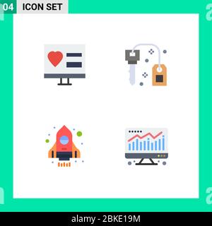 Pack of 4 Modern Flat Icons Signs and Symbols for Web Print Media such as app, rocket, web, key, startup Editable Vector Design Elements Stock Vector