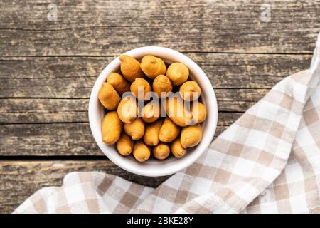 Mini bread sticks in bowl. Top view. Stock Photo