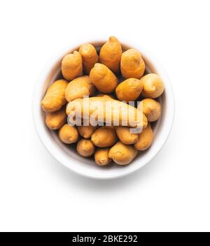 Mini bread sticks in bowl isolated on white background. Stock Photo