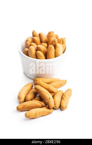 Mini bread sticks isolated on white background. Stock Photo