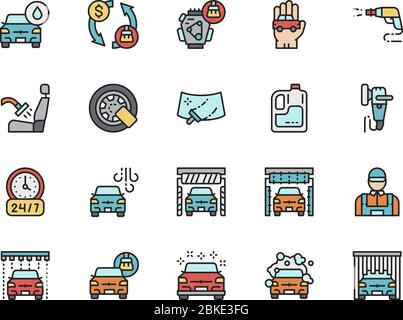 Set of Car Wash Flat Color Icons. Auto Washing, Wheel Lock, Windshield and more. Stock Vector