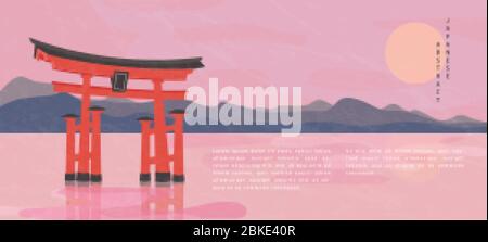 Oriental Japanese style abstract pattern background design travel nature landscape view of mountain lake and traditional Japanese gate Torii Stock Vector