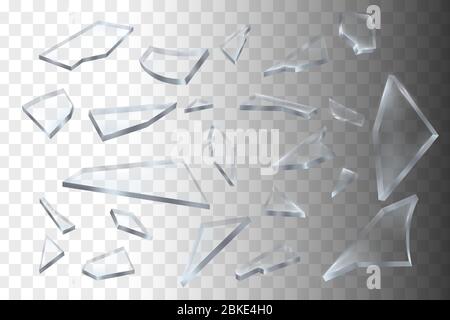 Realistic transparent pieces of broken glass on transparent background, vector illustration Stock Vector