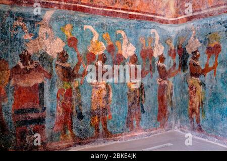 Wall paintings preserved inside a temple at the Bonampak archaeological site. In addition to being among the best-preserved Maya murals, the Bonampak Stock Photo