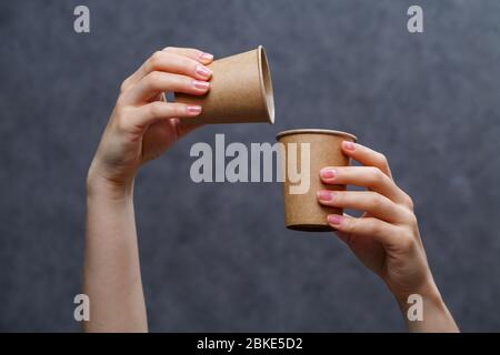 Disposable cardboard dishes made from environmentally friendly materials. Doesn't clog nature Eco-friendly, disposable, recyclable, compostable dishes Stock Photo